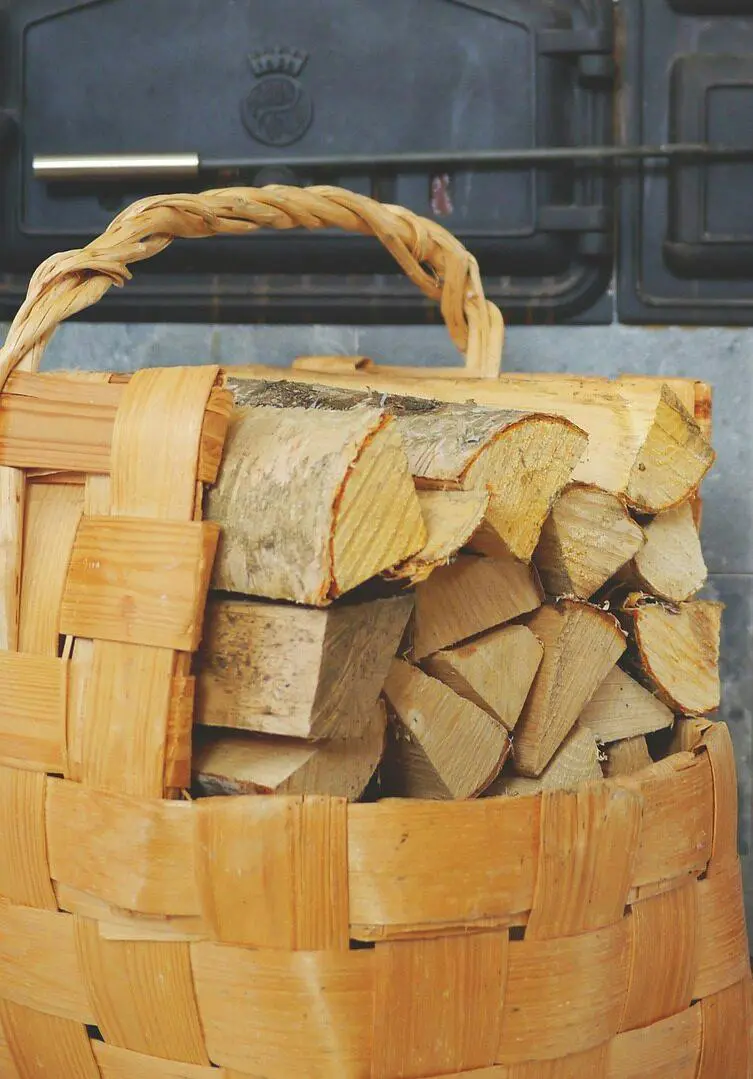 A basket of firewood is shown with the handle on it to provide heat for the home