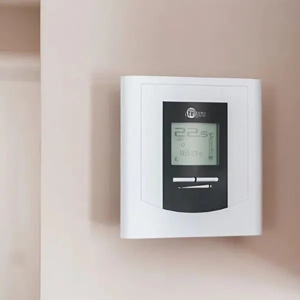 A wall-mounted digital thermostat on the side of a room, allowing for temperature control and monitoring of the indoor environment