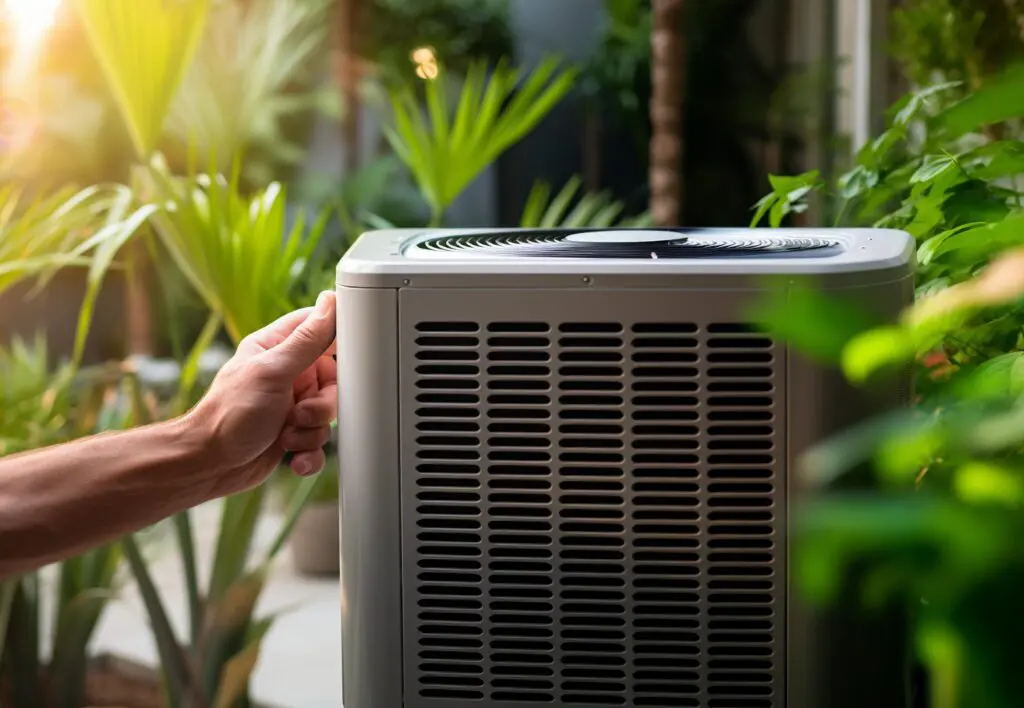 A person is holding the air conditioner unit.