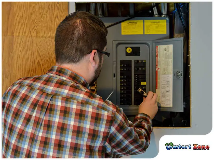 Power Surge Protection An electrical serviceman is inspecting a circuit panel box, checking for any issues or maintenance needs to ensure safe operation