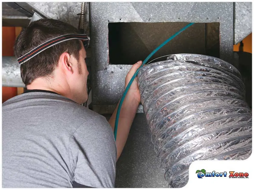 AC Technician Repairing Noisy Furnace Duct Vent An AC technician is repairing a noisy furnace duct vent, addressing the issue to restore quiet operation and efficiency