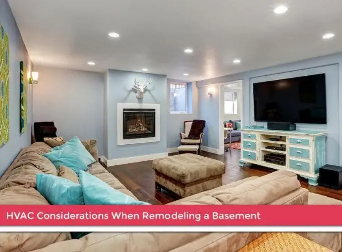 HVAC Considerations When Remodeling a Basement A room with furniture and a television, representing a remodeled basement, with the text "HVAC Considerations When Remodeling a Basement" overlaid, highlighting the importance of proper heating and cooling