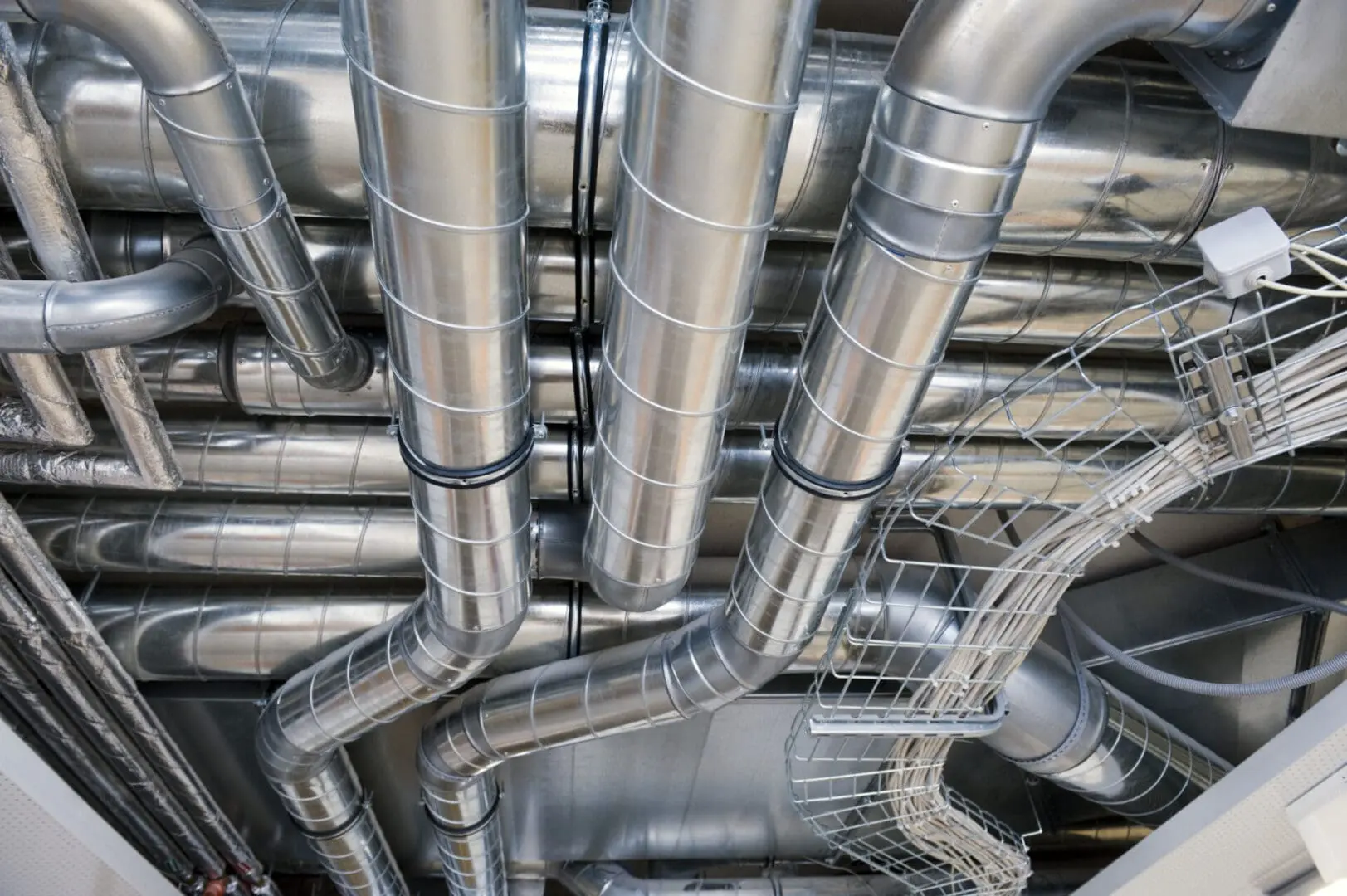 Construction background New construction Air Conditioning pipes installed in a large commercial area