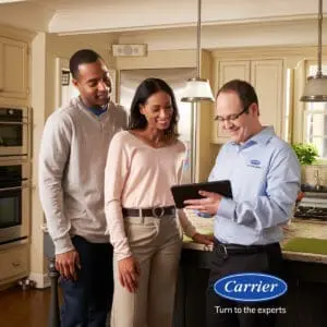 Carrier turn to the experts air conditioning salesman and customer during a estimate