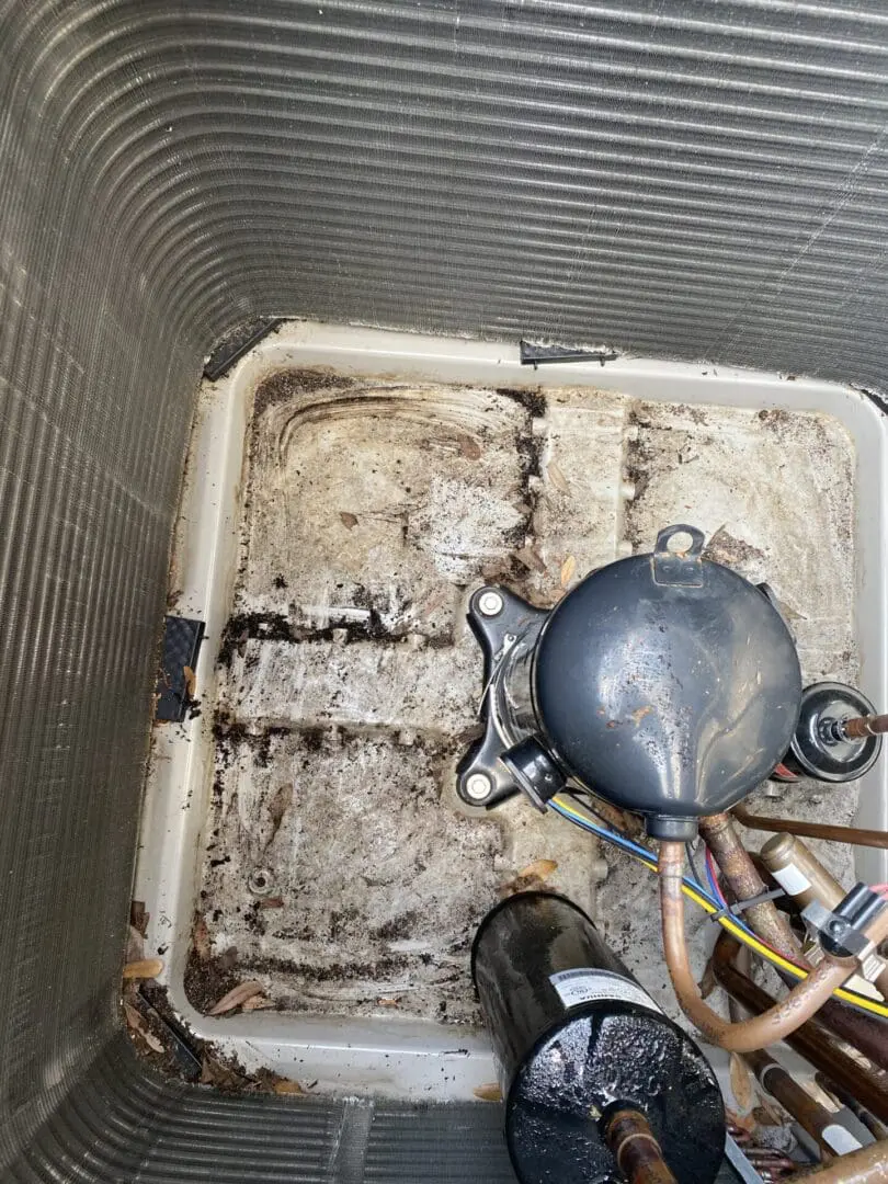 Leaves and debris inside an outdoor air conditioner condenser found during a maintenance visit