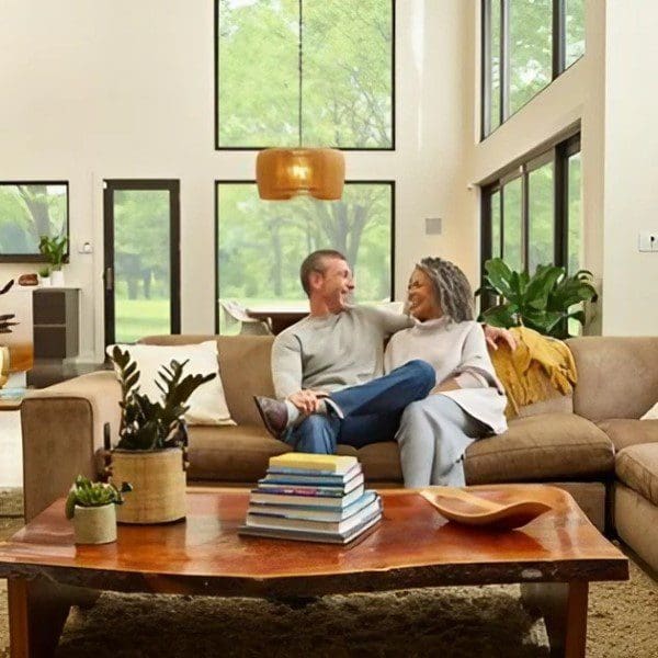 A couple sits on a sofa in a bright living room, laughing together, surrounded by large windows, a coffee table, and greenery outside.