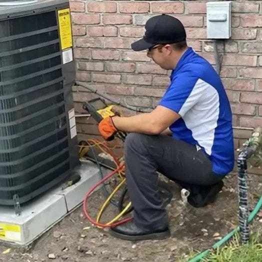 A man working on an air conditioner unit.