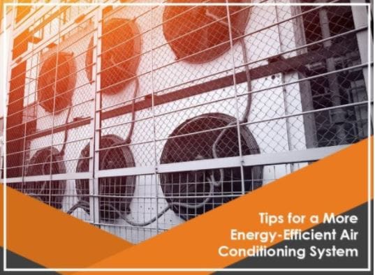 Orange and gray graphic with text "tips for a more energy-efficient air conditioning system" over an image of air conditioner units behind a fence.