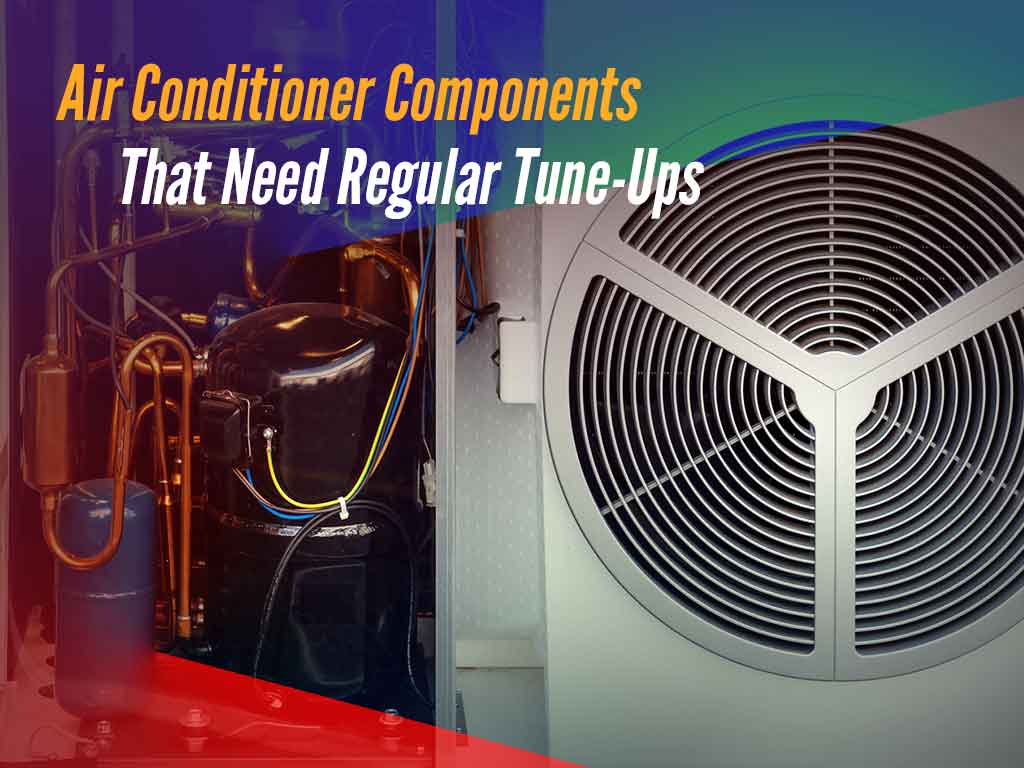 Image showing various air conditioner components labeled "air conditioner components that need regular tune-ups" with a focus on internal wiring and an external fan unit.