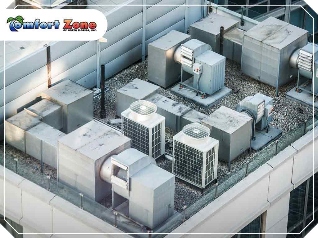 Aerial view of multiple commercial hvac units on a building rooftop.