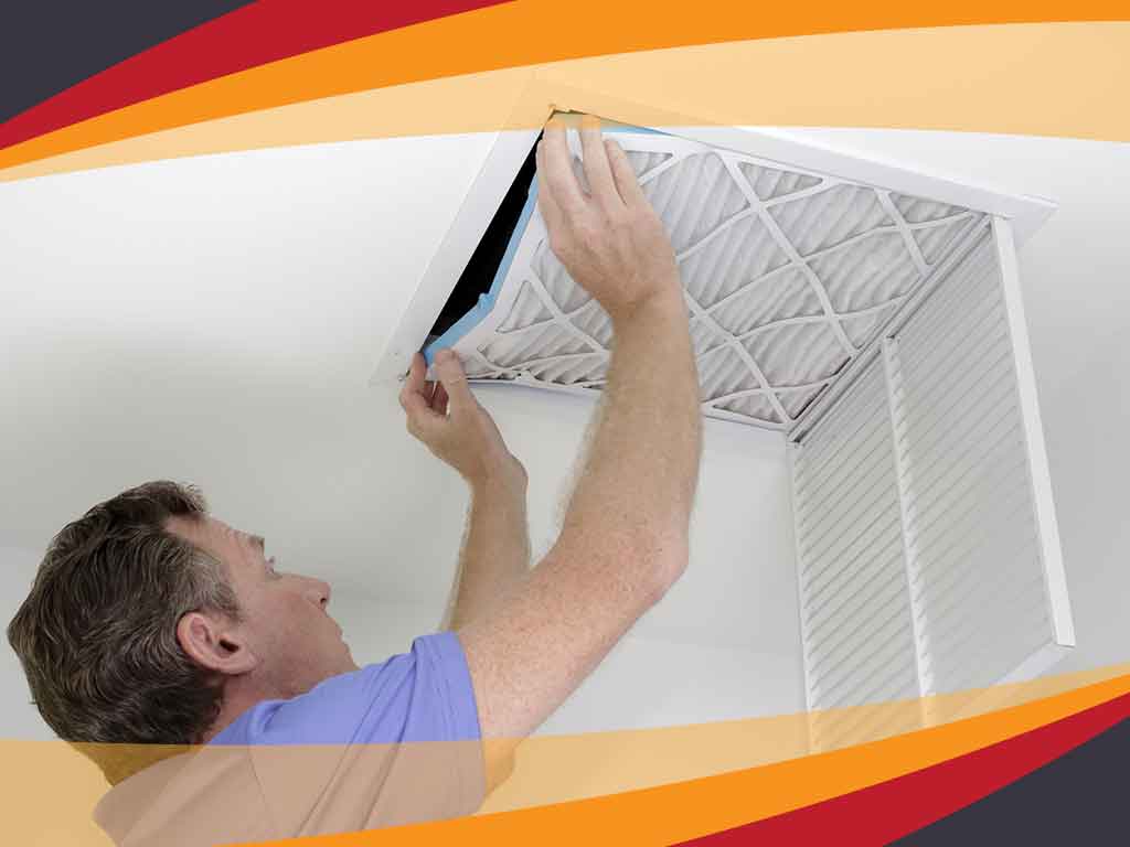 A man installing a new air filter in a ceiling hvac unit, depicted in a stylized home environment with vibrant color accents.