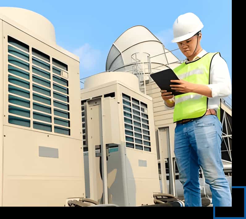 hvac service technician inspecting property facilities air conditioning systems on a roof top.