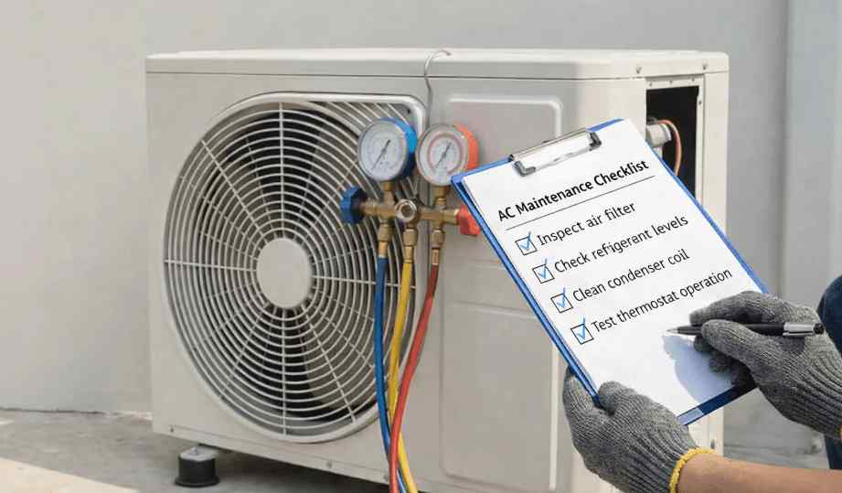 Technician checks outdoor AC unit with checklist