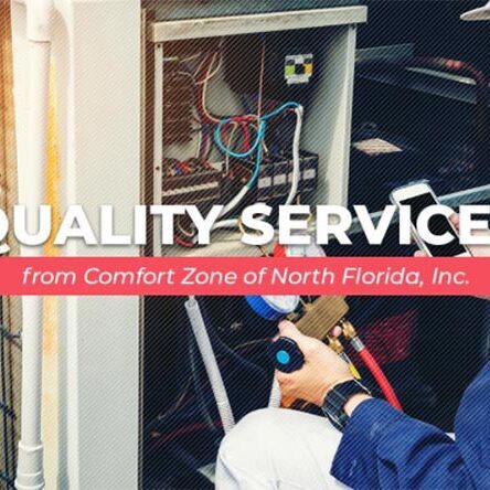 Technician working on wiring of a hvac unit with a text overlay saying "quality services from comfort zone of north florida, inc.
