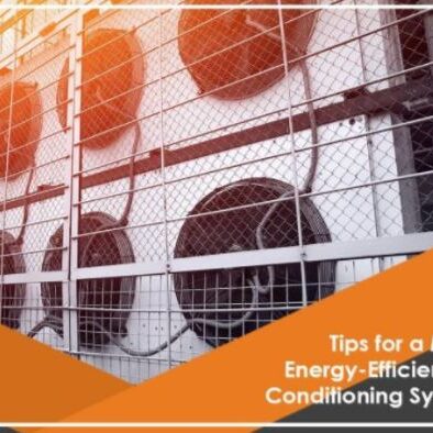 Orange and gray graphic with text "tips for a more energy-efficient air conditioning system" over an image of air conditioner units behind a fence.
