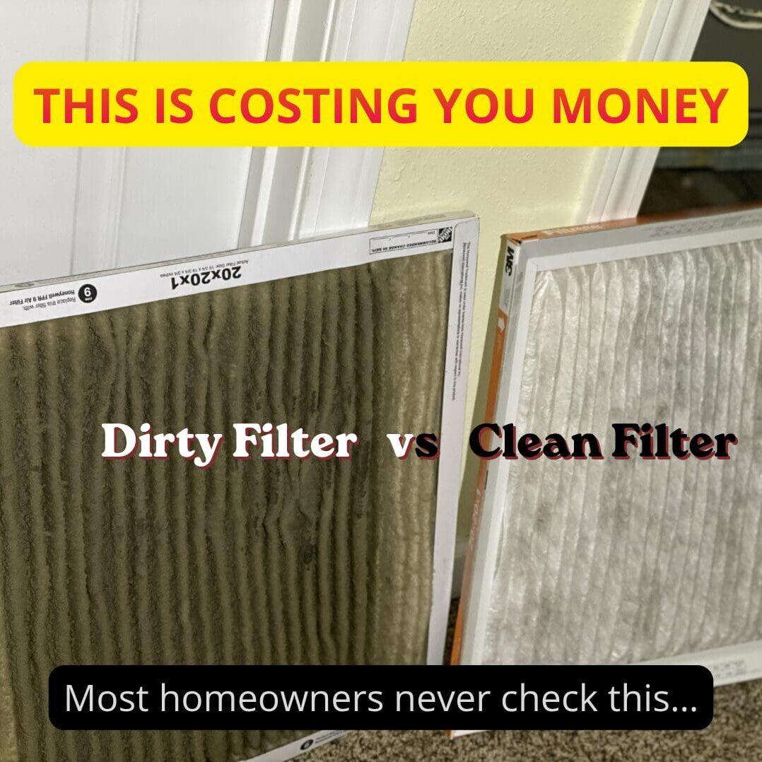 a clean and dirty air conditioning filter side by side.