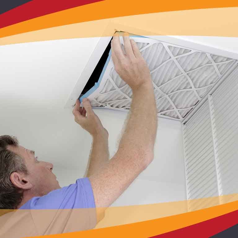 A man installing a new air filter in a ceiling hvac unit, depicted in a stylized home environment with vibrant color accents.