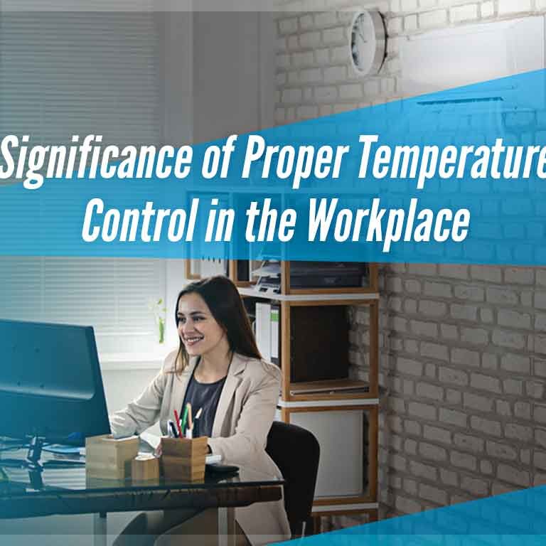 Woman smiling at her desk in a modern office with a title overlay reading "significance of proper temperature control in the workplace".