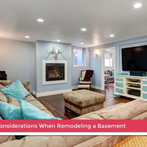 A well-lit basement remodeling: cozy sitting area with a large sectional sofa, tv setup, fireplace, and decor; labeled "hvac considerations when remodeling a basement.